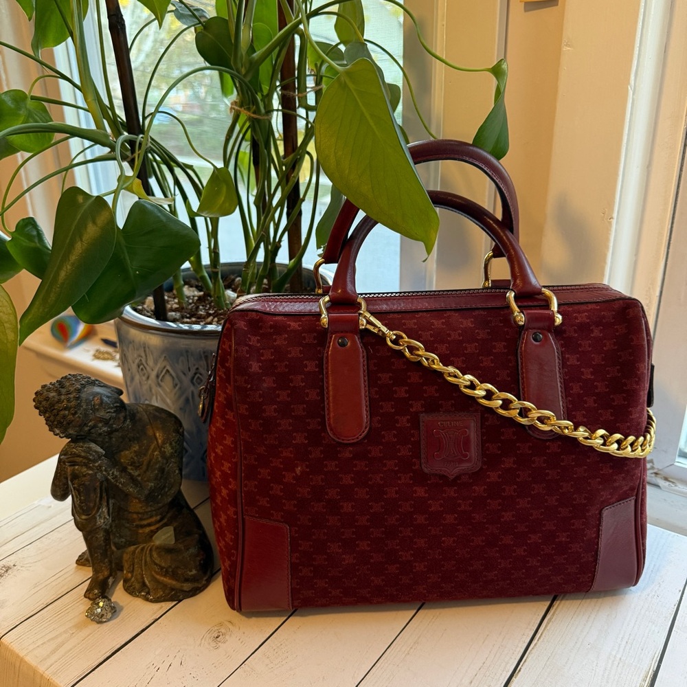 Celine Burgundy Satchel with Gold Chain
